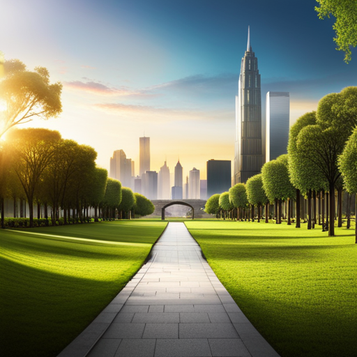 An image showcasing contrasting elements: a serene, lush green park with clean, fresh air on one side, juxtaposed with a polluted, concrete-laden cityscape on the other